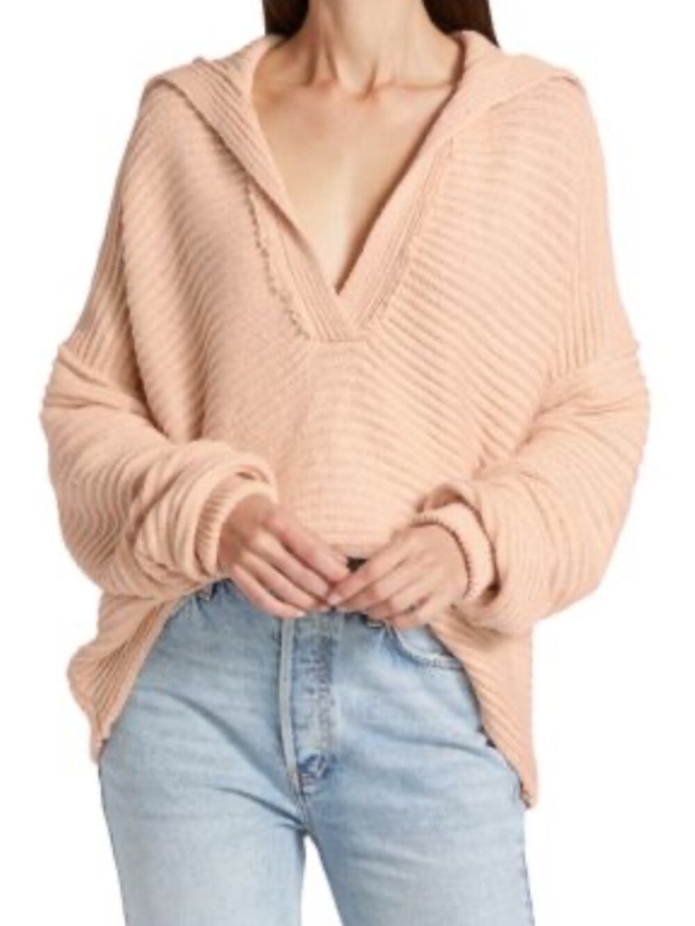 Free People Pullover Sweater Womens Small Dusty Rose Ribbed Knit Hooded V-Neck